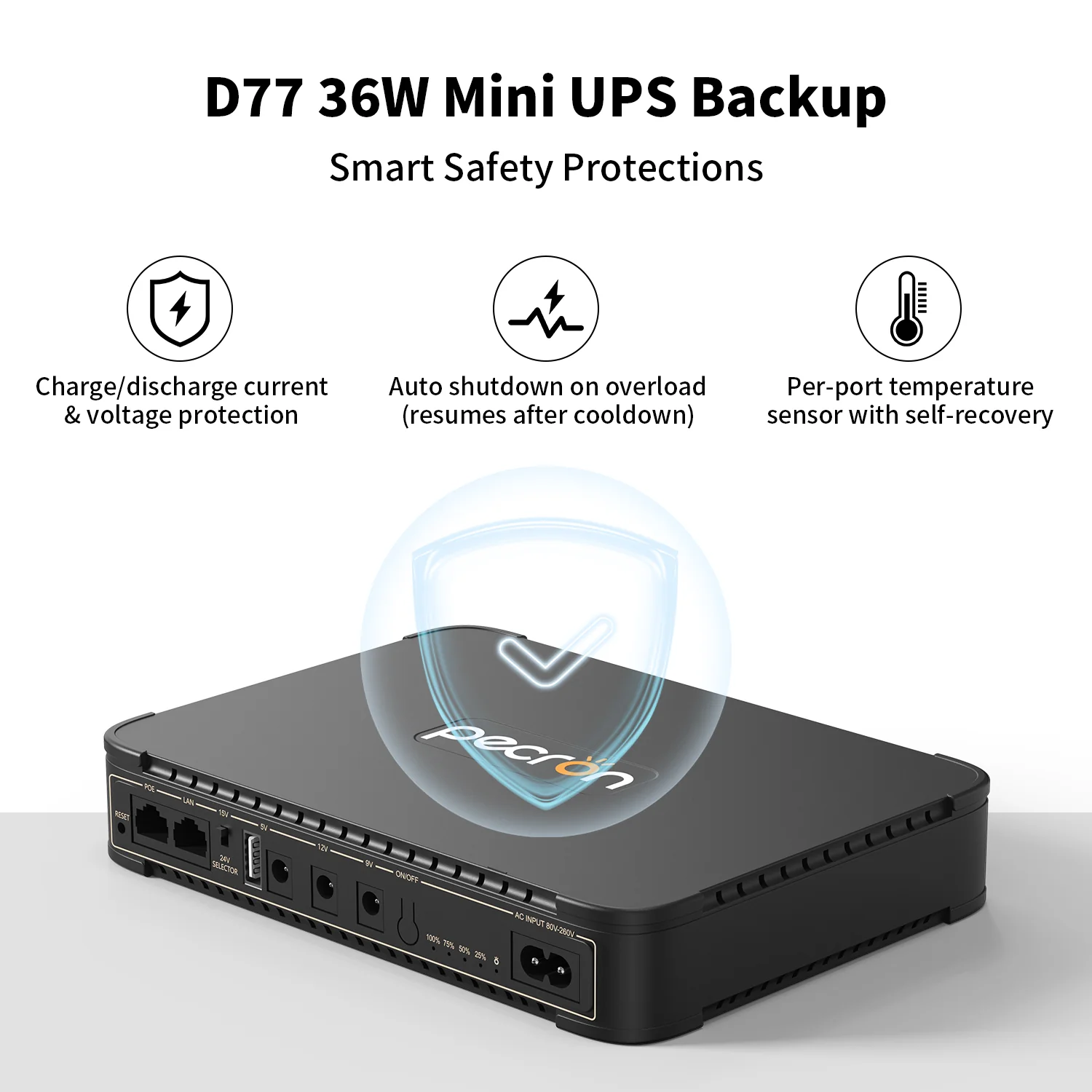 Pecron D77 DC UPS Battery Backup, 76.96Wh Small UPS for WiFi Router/Modem/Security Camera/Phone, With PoE Port, 5V/9V/12V - Image 7